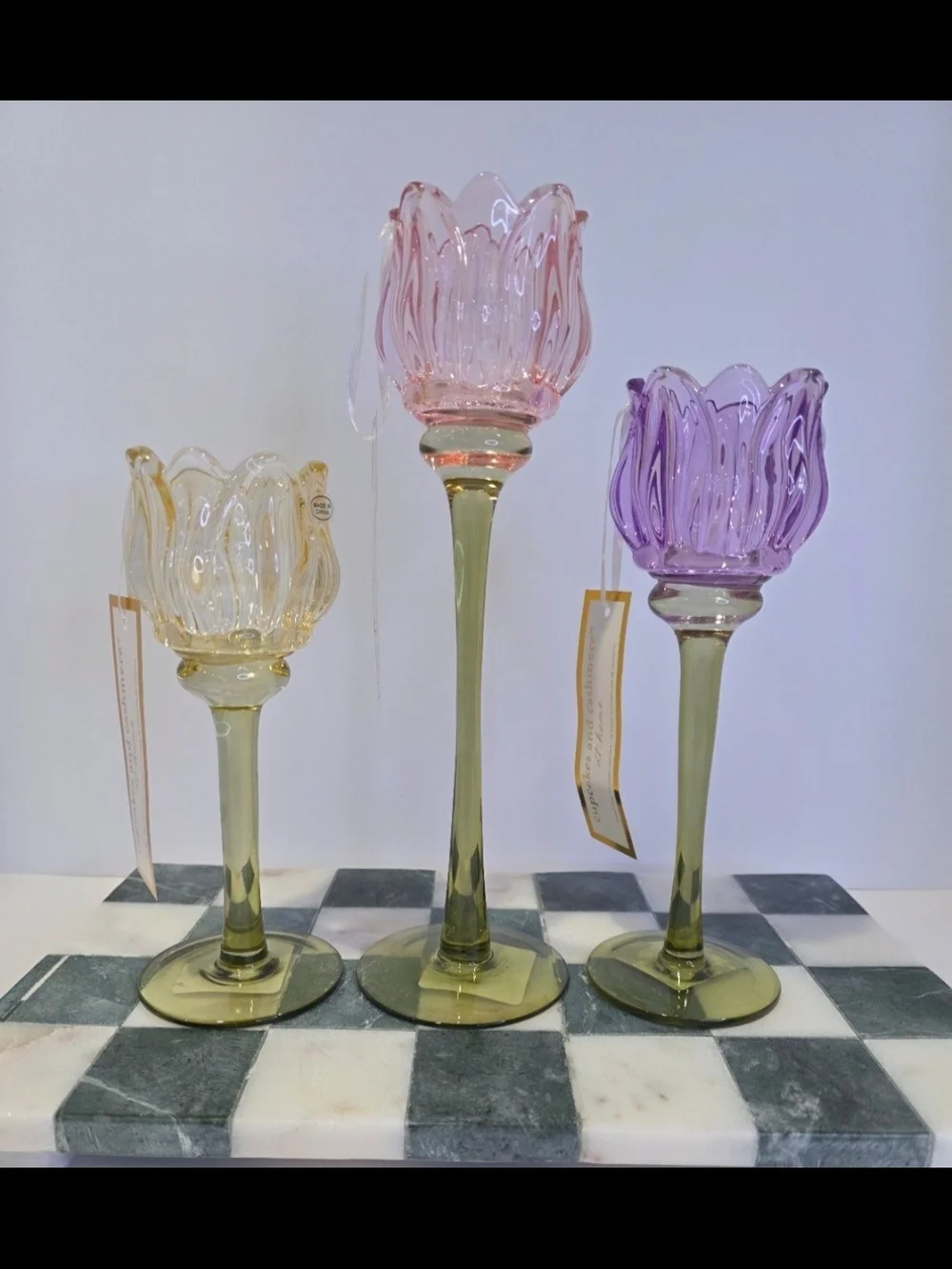 New! Cupcakes & Cashmere Set 3 Glass Tulip Candle Holders|Pink Purple & Yellow.